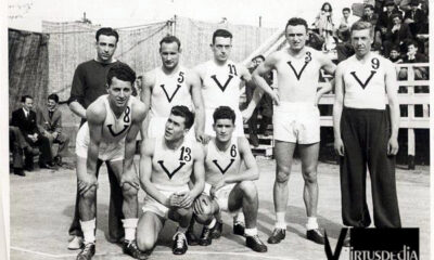 Una foto della Virtus 1939/40. Dietro: Stivani, Paganelli, Bernardi, Marinelli, Rossetti. Davanti: Girotti, Dondi Dall'Orologio, Vannini (Foto Virtuspedia)