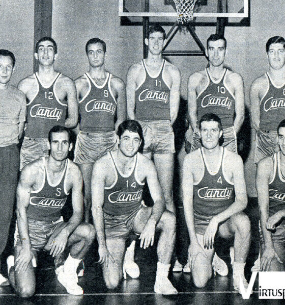 La Virtus 1966/67. In piedi: Sip, Raffaele, Rundo, Mills, Borghetti, Lombardi. Sotto: Pellanera, Cosmelli, A. Giomo, Zuccheri