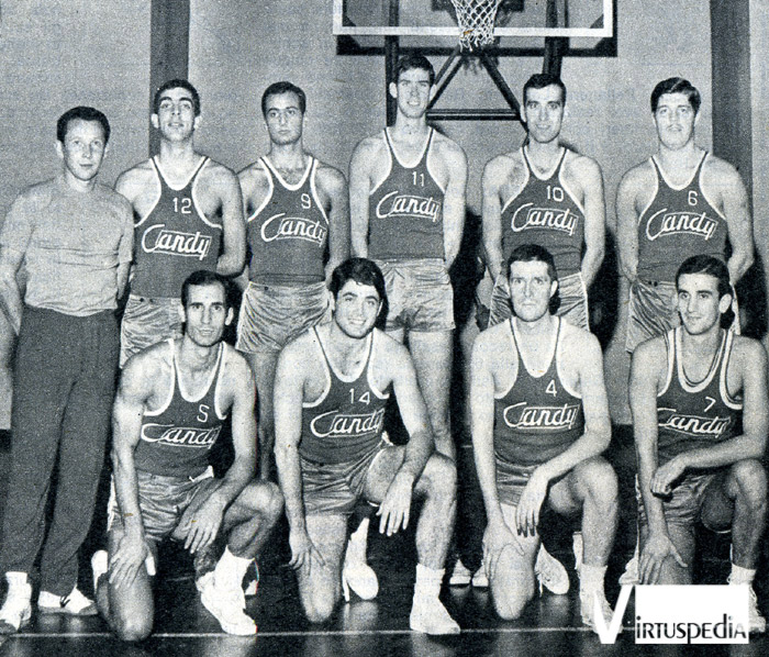 La Virtus 1966/67. In piedi: Sip, Raffaele, Rundo, Mills, Borghetti, Lombardi. Sotto: Pellanera, Cosmelli, A. Giomo, Zuccheri