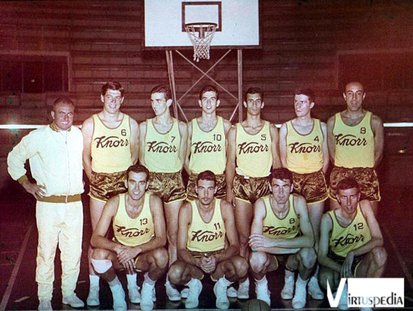 La Virtus 1962/63. In piedi: Kucharski, Lombardi, Zuccheri, Dazzi, Pellanera, A. Giomo, Alesini. Sotto: Borghetti, Calebotta, Rossi, Bonetto