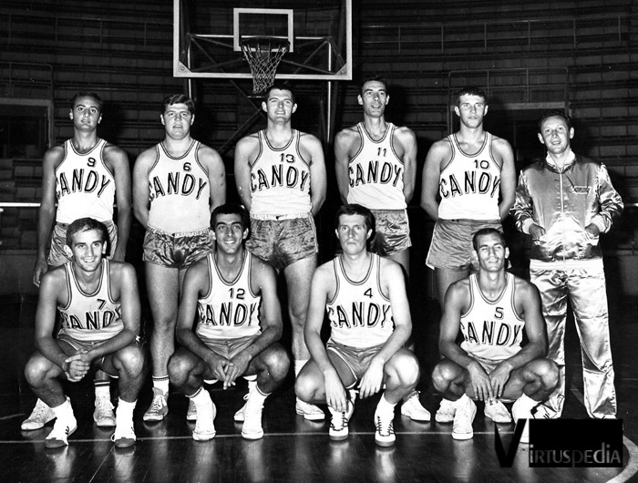 Virtus-All'Onestà. Virtus 1967/68. In piedi: Rundo, Lombardi, Swagerty, Calebotta, Buzzavo, Sip. Sotto: Zuccheri, Raffaele, A. Giomo, Pellanera