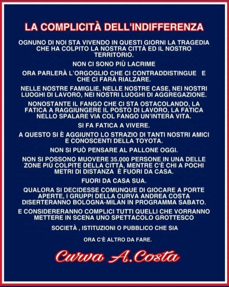 Comunicato Stampa Curva Andrea Costa Bologna FC