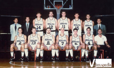 Reyer-Virtus. Virtus 1992/93. In piedi: Pasquali, Nadalini, Carera, Wennington, Binelli, Brigo, Moretti, Messina. Sotto: Coldebella, Morandotti, Marcheselli, Diacci, Danilovic, Brunamonti, Orsoni