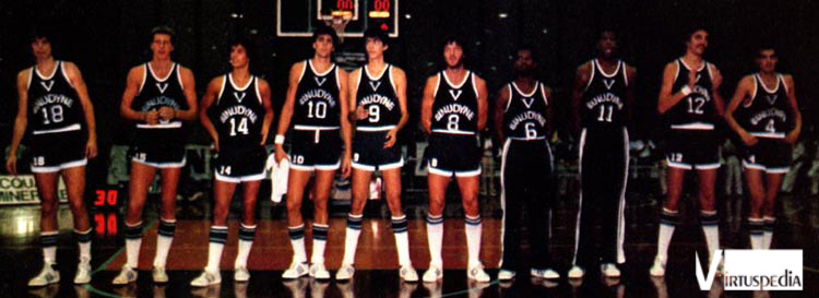 Rieti-Virtus. Virtus 1982/83: Brunelli, Bonamico, Ragazzi, Villalta, Masetti, Goti, Fredrick, Rolle, Generali, Brunamonti