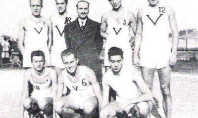 Monfalcone-Virtus. Virtus 1942/43. In piedi: Calza, Vannini, Foschi, Bersani, Marinelli. Sotto: Garbellini, Bocciai, Rapini