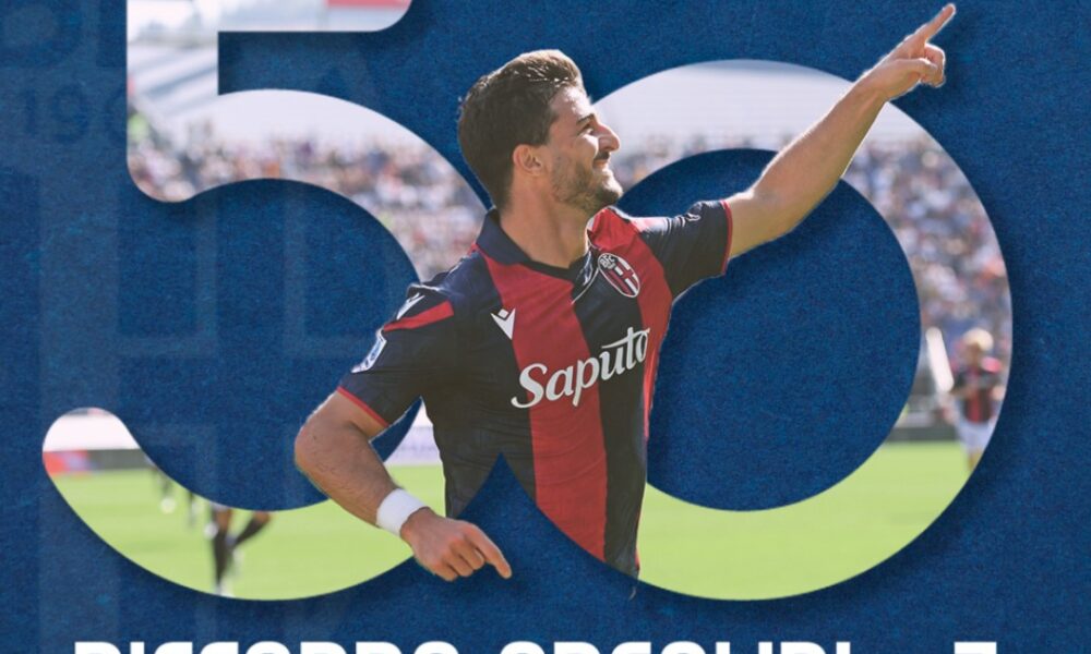 Grafica celebrativa di 1000 Cuori Rossoblù per il 50° gol di Orsolini nel Bologna