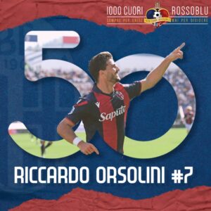 Grafica celebrativa di 1000 Cuori Rossoblù per il 50° gol di Orsolini nel Bologna