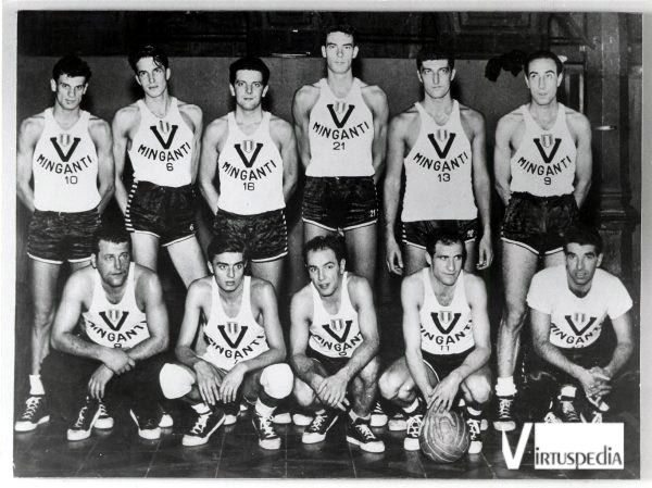 Muggesana-Virtus. Virtus 1955/56. In piedi: Canna, Borghi, Rizzi, Calebotta, Gambini, Alesini. Sotto: Battilani, Verasani, Randi, Carlo Negroni, Tracuzzi.