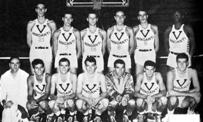 Virtus-Villeurbanne. Virtus 1957/58. In piedi: Calebotta, Andreo, Lovari, Alesini, Borghi, F. Johnson. Sotto: Grossi (massaggiatore), Pellanera, Carlo Negroni, Lucev, Tracuzzi, Canna, Gambini